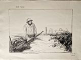 dessin représentant un homme armé d'un fusil et un chien dans un champ
