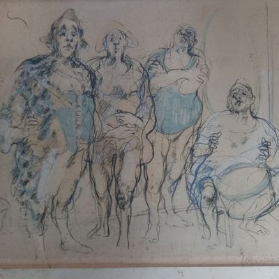 un dessin représentant un groupe de personnes dans une pièce