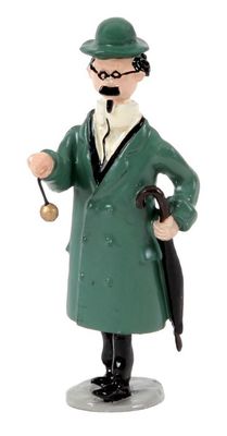 figurine of a man in a green coat and hat holding an umbrella