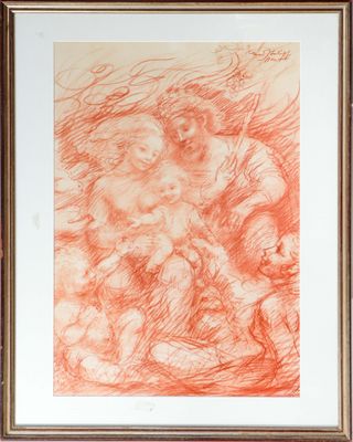 an orange drawing of a woman holding a child in her arms