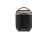 an image of a black portable speaker with a brown handle