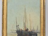 painting of a boat in the water with people standing on it