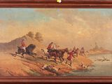 painting of a group of men riding horses on a river bank
