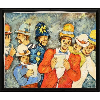 a painting of a group of people with hats on