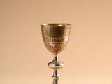a silver cup sitting on top of a table