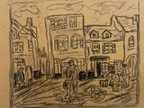 drawing of a man walking down a street in a city