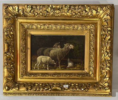 a picture of a painting of sheep and lambs in a field