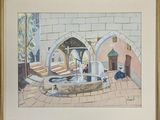 un tableau représentant une cour avec une fontaine