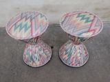 pair of colorful stools sitting on concrete floor next to wall
