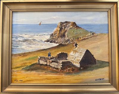 a painting of a boat on the beach by the water