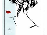 a black and white drawing of a woman ' s face with a red lipstick