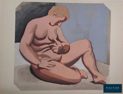 un tableau représentant un homme nu assis par terre