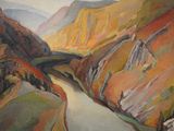 an oil painting of a river running through a valley with mountains in the background