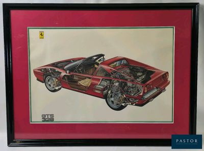 a framed picture of a red sports car with its hood open