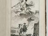 an old book with a drawing of a man on a horse and a man on a horse