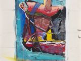 a painting of a man riding a motorcycle with a dog