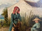 painting of two women and a child in front of a white house