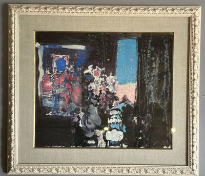 a painting on the wall of a room with a vase of flowers in it