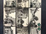 several black and white photographs of a street with buildings in the background