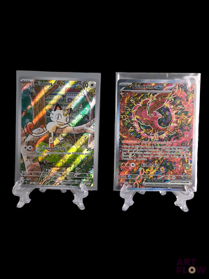 two pokemon cards on display on a black background