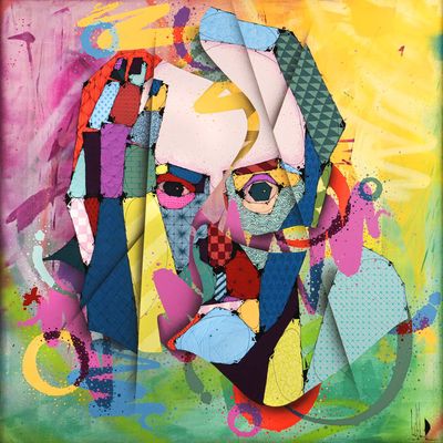 mixed - media collage of a woman ' s face with colorful paint splatters