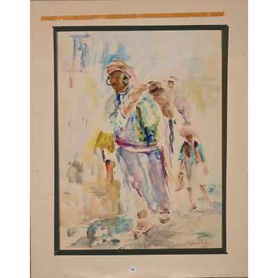 un tableau représentant un homme marchant dans la rue avec un chien