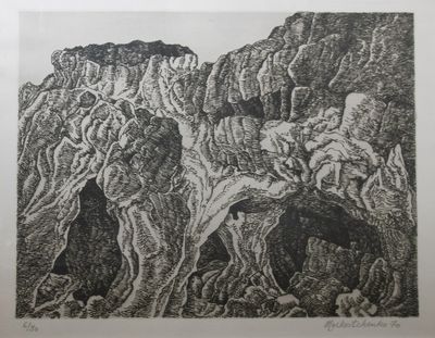 une image représentant un dessin en noir et blanc de rochers et d'arbres