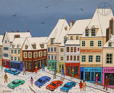 tableau représentant une rue enneigée avec des voitures garées sur le bord de la route