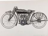 dessin d'une vieille moto avec un numéro sur la roue avant