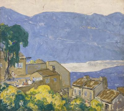 une image représentant un tableau représentant une vue d'une ville avec des montagnes en arrière-plan