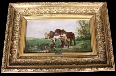 Emile GODCHAUX (1860-1938) Chevaux au bord d'un ruisseau