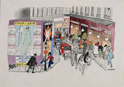 dessin représentant une scène de rue avec des personnages et une calèche