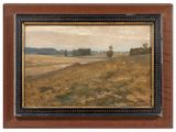 an oil painting of a landscape with a field and trees in the distance