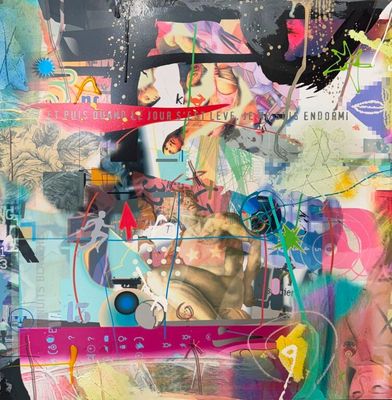 un collage composé de différentes images sur le mur d'un immeuble