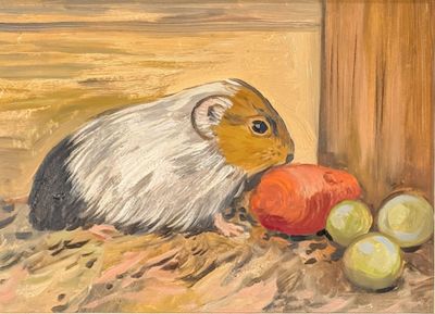 a painting of a guinea eating an apple on the ground