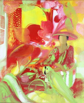 abstract painting of a woman with a hat and flowers in a vase