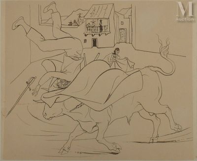 esquisses d'un dessin représentant un homme chevauchant un taureau sur lequel se trouve une femme