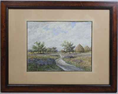 painting of a country road with a barn in the background