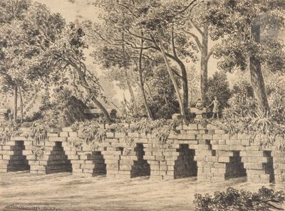dessin représentant un pont en pierre dans une zone boisée, avec des arbres en arrière-plan