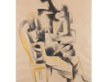 drawing of a woman sitting in a chair with a cat on her lap