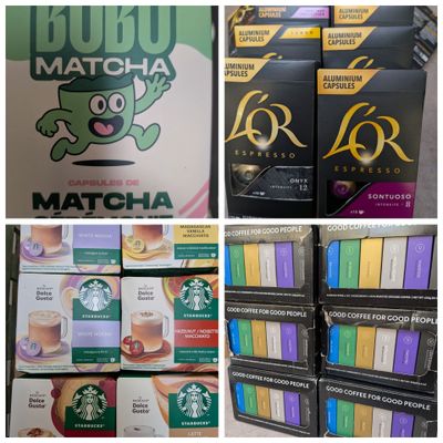 many boxes of coffee on display in a store