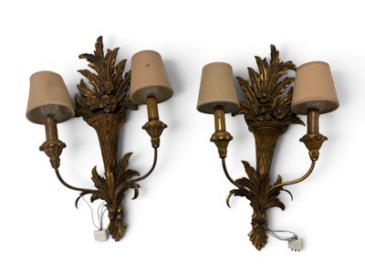 pair of antique brass wall sconces with lamps and shades