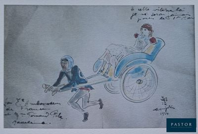 dessin représentant un homme en fauteuil roulant tirant une femme en fauteuil roulant