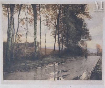a picture of a painting of a man walking down a road