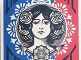 a poster with a woman ' s face and a rose on it