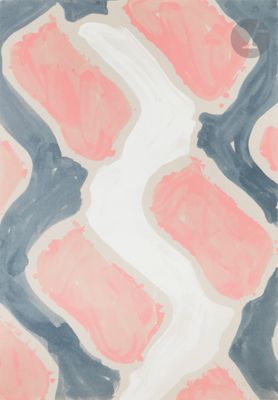 an abstract painting of pink and grey squares on a white background