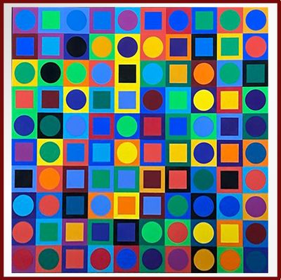 un tableau représentant une place sur laquelle figurent des cercles et des carrés