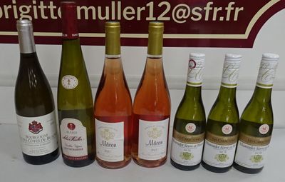 Plusieurs bouteilles de vin sont alignées sur un comptoir devant une affiche