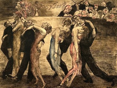 une image représentant un dessin d'un groupe de personnes dansant devant une foule
