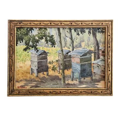 tableau représentant des ruches dans un champ, avec des arbres en arrière-plan